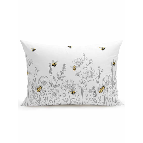 1 Pack Outdoor Throw Pillow, Spring Flowers Waterproof Pillow with Insert Included, Simple Botanical Floral Herbs Bees Decorative Accent Cushion Lumbar Pillows for Patio Porch, 12 x 20 In