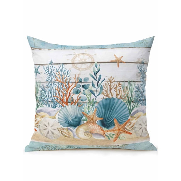 1 Pack Outdoor Throw Pillow, Starfish Coastal Waterproof Pillow with Insert Included, Summer Ocean Blue Coral Conch Seagrass Decorative Accent Cushion Sofa Pillows for Patio Porch, 16 x 16 In