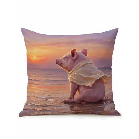 1 Pack Outdoor Throw Pillow, Summer Beach Pig Waterproof Pillow with Insert Included, Modern Abstract Oil Painting Sunset Decorative Accent Cushion Sofa Pillows for Patio Porch, 18 x 18 In