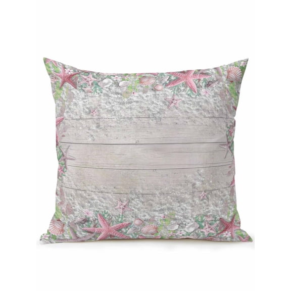 1 Pack Outdoor Throw Pillow, Summer Beach Waterproof Pillow with Insert Included, Pink Starfish Ocean Conch Grey Wood Grain Decorative Accent Cushion Sofa Pillows for Patio Porch, 16 x 16 In