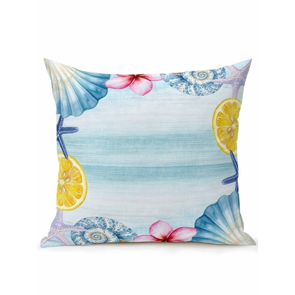 1 Pack Outdoor Throw Pillow, Summer Coastal Waterproof Pillow with Insert Included, Ocean Starfish Shell Lemon Flowers Ombre Blue Decorative Accent Cushion Sofa Pillows for Patio Porch, 16 x 16 In