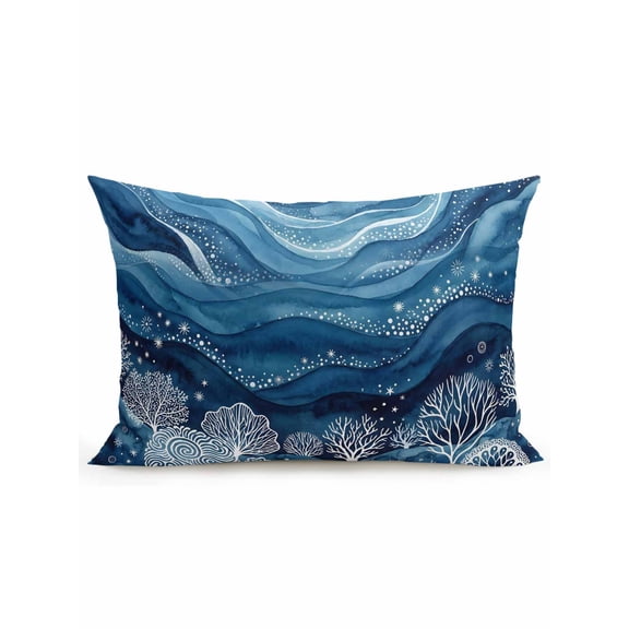 1 Pack Outdoor Throw Pillow, Summer Coastal Waterproof Pillow with Insert Included, Vintage Abstract Ocean Marine Coral Waves Blue Decorative Accent Cushion Lumbar Pillows for Patio Porch, 12 x 20 In