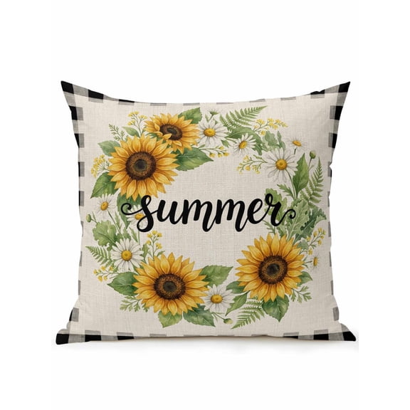 1 Pack Outdoor Throw Pillow, Summer Floral Waterproof Pillow with Insert Included, Watercolor Daisy Sunflowers Wreath Plaid Beige Decorative Accent Cushion Sofa Pillows for Patio Porch, 16 x 16 In