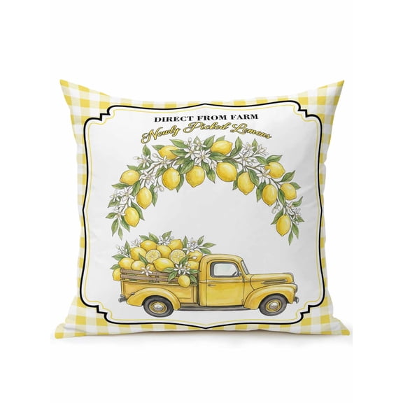 1 Pack Outdoor Throw Pillow, Summer Lemon Waterproof Pillow with Insert Included, Yellow Truck Fruits Plants Country Plaid Decorative Accent Cushion Sofa Pillows for Patio Porch, 16 x 16 In