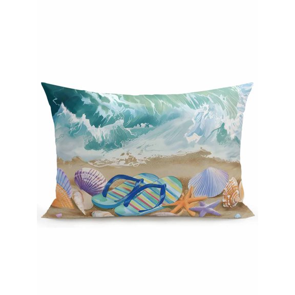 1 Pack Outdoor Throw Pillow, Summer Nautical Waterproof Pillow with Insert Included, Ocean Beach Flip Flops Shells Waves Green Decorative Accent Cushion Lumbar Pillows for Patio Porch, 12 x 20 In