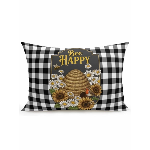 1 Pack Outdoor Throw Pillow, Sunflower Bee Waterproof Pillow with Insert Included, Spring Summer Daisy Floral Black Plaid Decorative Accent Cushion Lumbar Pillows for Patio Porch, 12 x 20 In