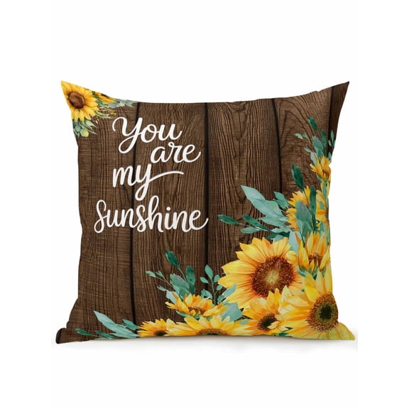 1 Pack Outdoor Throw Pillow, Sunflower Waterproof Pillow with Insert Included, Summer Botanical Yellow Floral Brown Wooden Decorative Accent Cushion Sofa Pillows for Patio Porch, 16 x 16 In