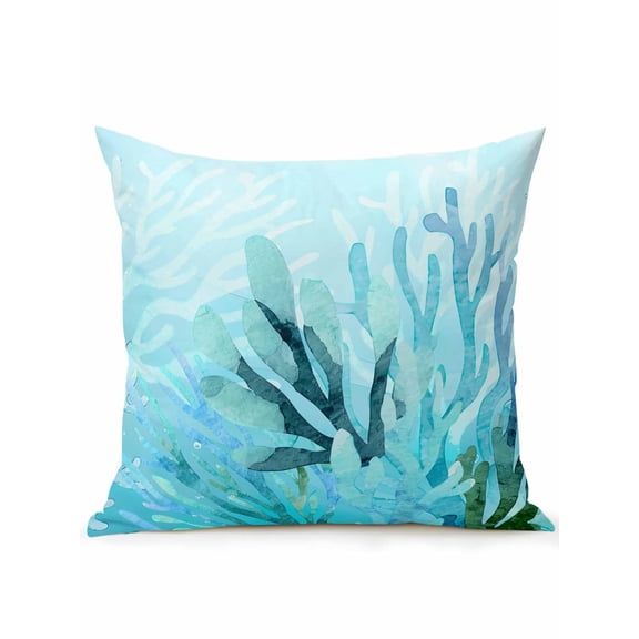 1 Pack Outdoor Throw Pillow, Teal Blue Corals Waterproof Pillow with Insert Included, Summer Modern Coastal Ocean Sea Decorative Accent Cushion Sofa Pillows for Patio Porch, 16 x 16 In