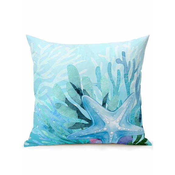 1 Pack Outdoor Throw Pillow, Teal Blue Corals Waterproof Pillow with Insert Included, Summer Modern Coastal Ocean Sea Starfish Decorative Accent Cushion Sofa Pillows for Patio Porch, 16 x 16 In