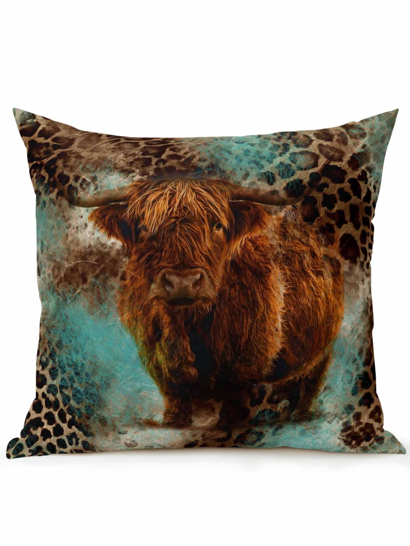 1 Pack Outdoor Throw Pillow, Teal Cow Leopard Waterproof Pillow with Insert Included, Aesthetic Vintage Animals Farmhouse Decorative Accent Cushion Sofa Pillows for Patio Porch, 16 x 16 In
