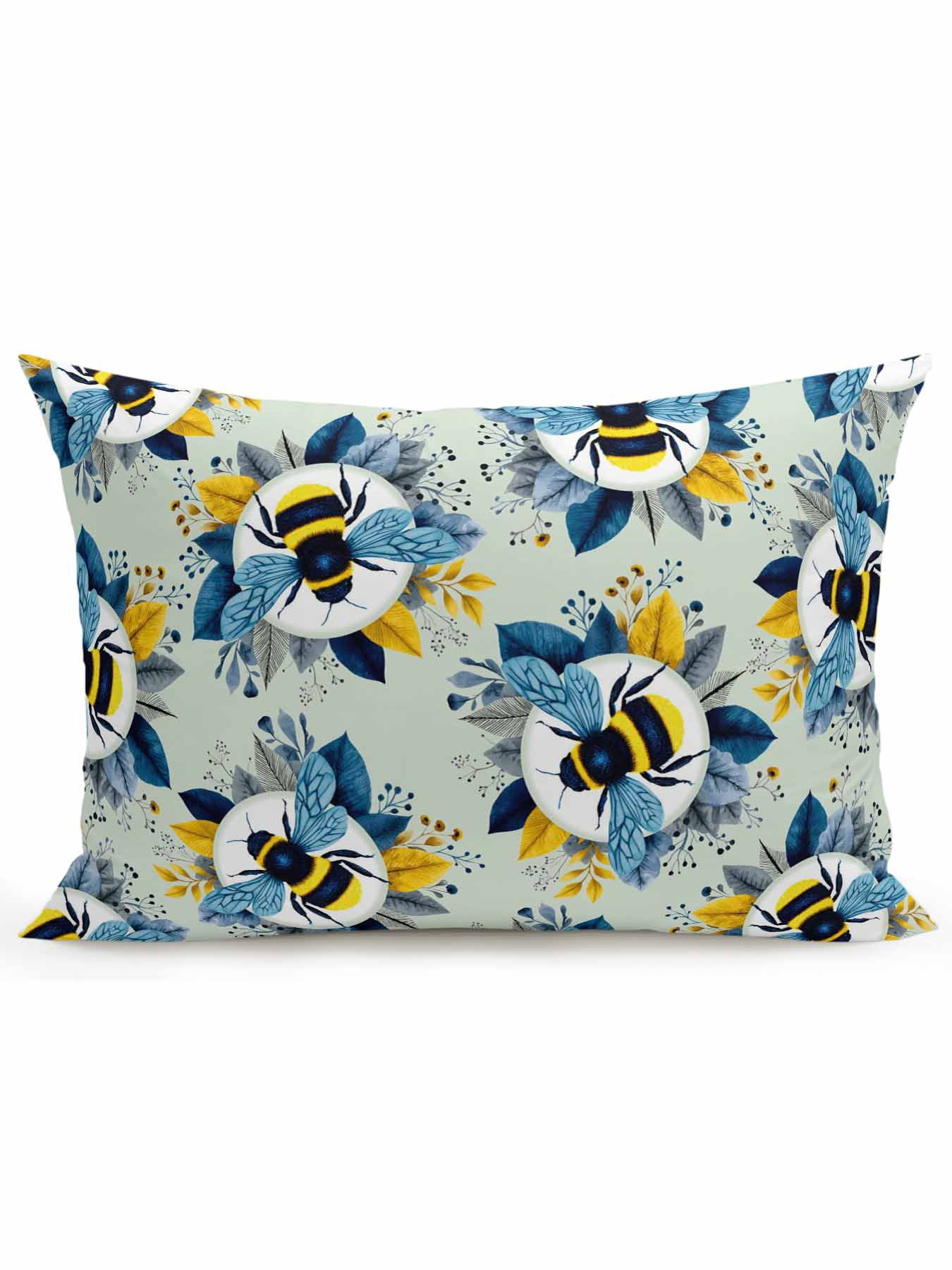 1 Pack Outdoor Throw Pillow, Teal Green Bees Farmhouse Waterproof Pillow with Insert Included, Spring Summer Botanical Flowers Decorative Accent Cushion Lumbar Pillows for Patio Porch, 12 x 20 In