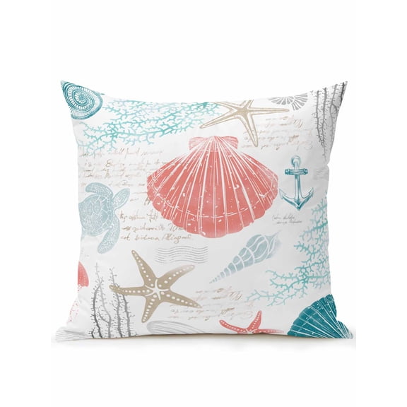 1 Pack Outdoor Throw Pillow, Teal Red Coastal Nautical Waterproof Pillow with Insert Included, Beach Sea Turtle Ocean Coral Starfish Decorative Accent Cushion Sofa Pillows for Patio Porch, 16 x 16 In