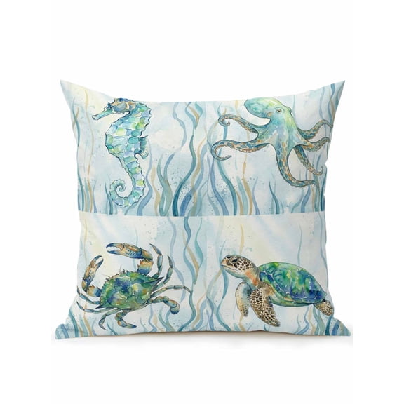 1 Pack Outdoor Throw Pillow, Turquoise Coastal Waterproof Pillow with Insert Included, Nautical Turtle Seahorse Crab Octopus Decorative Accent Cushion Sofa Pillows for Patio Porch, 18 x 18 In