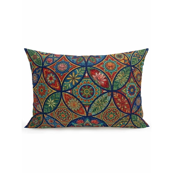 1 Pack Outdoor Throw Pillow, Vintage Boho Waterproof Pillow with Insert Included, Ethnic Floral Geometric Green Blue Red Decorative Accent Cushion Lumbar Pillows for Patio Porch, 12 x 20 In