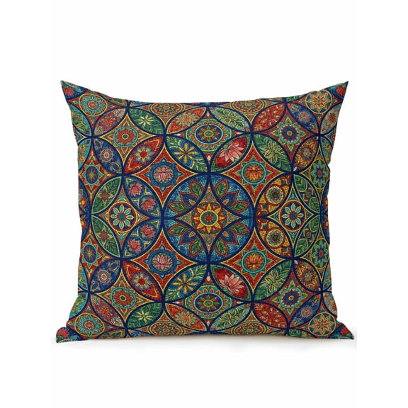 1 Pack Outdoor Throw Pillow, Vintage Boho Waterproof Pillow with Insert Included, Ethnic Floral Geometric Green Blue Red Decorative Accent Cushion Sofa Pillows for Patio Porch, 16 x 16 In