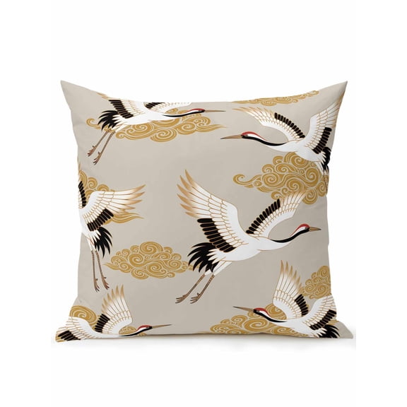1 Pack Outdoor Throw Pillow, White Crane Waterproof Pillow with Insert Included, Golden Chinese Auspicious Clouds Vintage Beige Decorative Accent Cushion Sofa Pillows for Patio Porch, 16 x 16 In