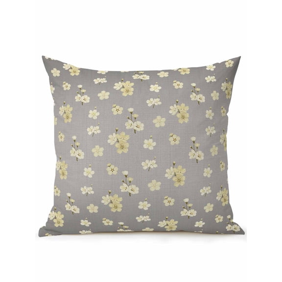 1 Pack Outdoor Throw Pillow, Yellow Cherry Flowers Waterproof Pillow with Insert Included, Vintage Spring Floral Gray Linen Decorative Accent Cushion Sofa Pillows for Patio Porch, 16 x 16 In
