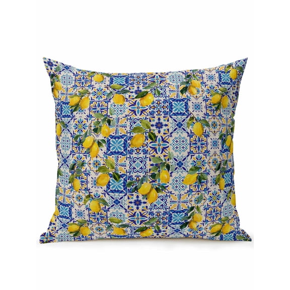 1 Pack Outdoor Throw Pillow, Yellow Lemons Waterproof Pillow with Insert Included, Summer Watercolor Vintage Blue Nation Plaid Decorative Accent Cushion Sofa Pillows for Patio Porch, 18 x 18 In
