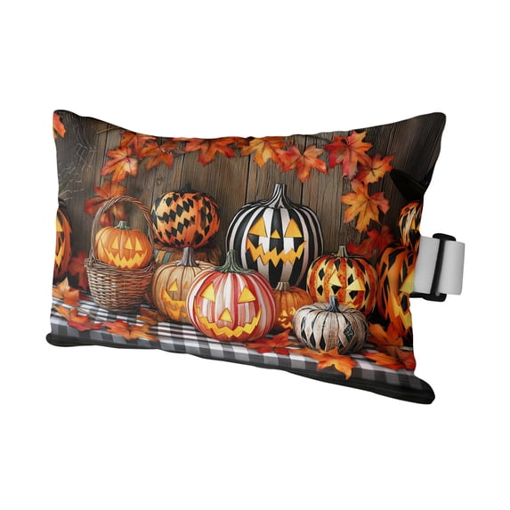 1 Pack Outdoor Waterproof Throw Pillows for Head,Halloween Pumpkin Ghost Maple Leaf Cushion Cases with Insert&Straps Neck Pillows for Patio Recliner Chair,Retro Wood Board