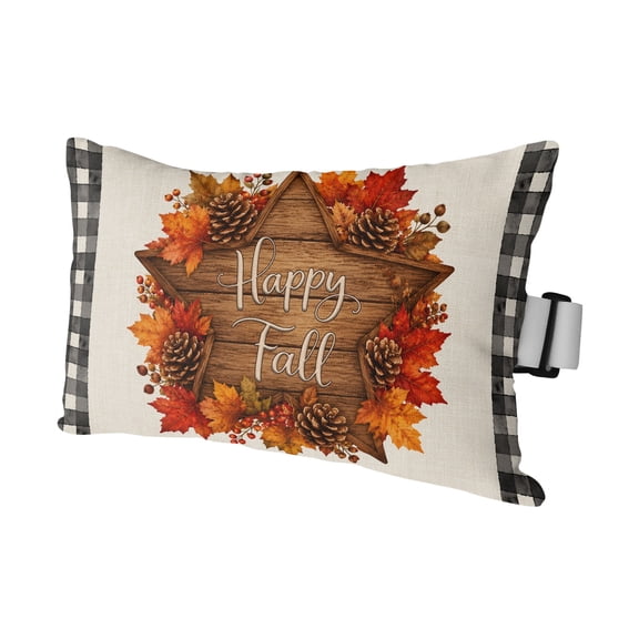 1 Pack Outdoor Waterproof Throw Pillows for Head,Retro Country Star on Linen Cushion Cases with Insert&Straps Neck Pillows for Patio Recliner Chair,Fall Maple Leaf Pine Cone Checkered