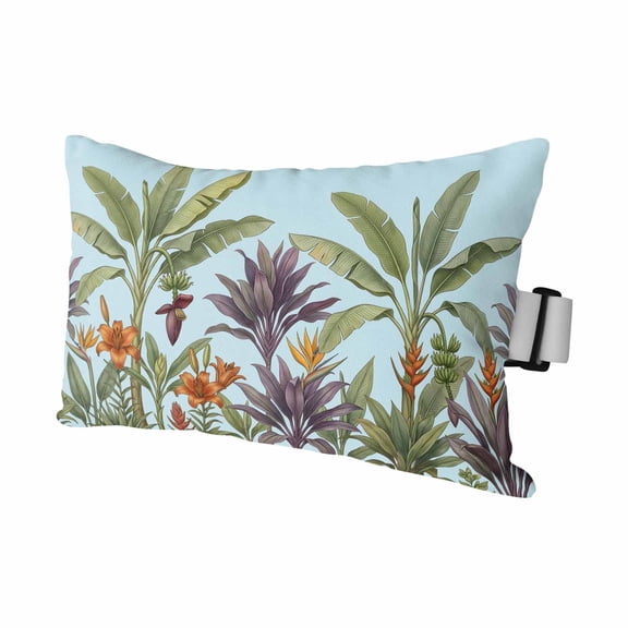 1 Pack Outdoor Waterproof Throw Pillows for Head,Summer Green Lush Palms Leaf on Blue Cushion Cases with Insert&Straps Neck Pillows for Patio Recliner Chair,Exotic Botanical