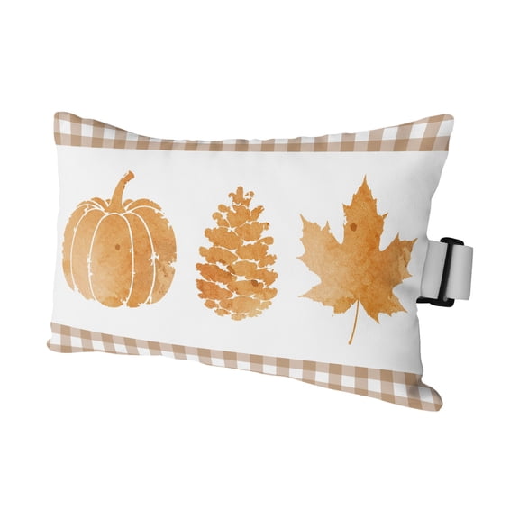 1 Pack Outdoor Waterproof Throw Pillows for Head,Thanksgiving Pumpkin Pine Cone Leaf Cushion Cases with Insert&Straps Neck Pillows for Patio Recliner Chair,Fall Plant Checkered