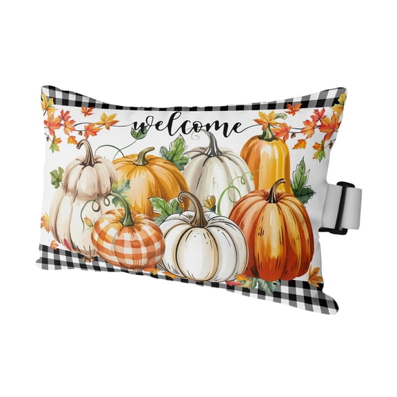1 Pack Outdoor Waterproof Throw Pillows for Head,Welcome Words Autumn Pumpkin Cushion Cases with Insert&Straps Neck Pillows for Patio Recliner Chair,Fall Maple Leaves on Plaid