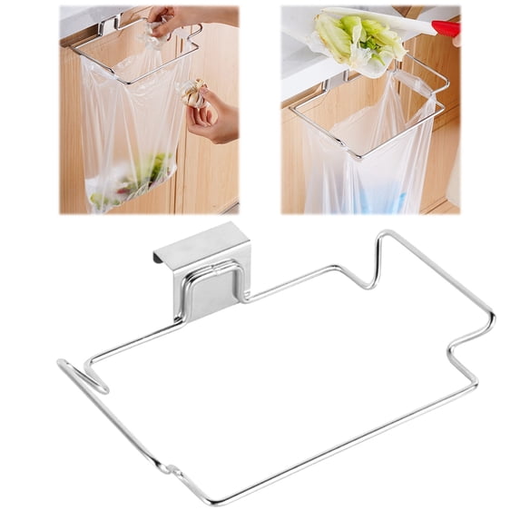 1 Pack Over-the-Cabinet Trash Bag Holder, Stainless Steel Hanging Garbage Bag Rack, Kitchen Door and Cupboard Organizer for Waste Bags (Silver)