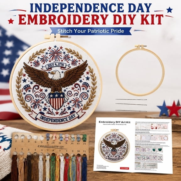1 Pack Patriotic American Embroidery Kit, Beginner DIY Craft Set, 7.87 Inch Hoop Pre-Printed Fabric Thread Needle Starter Kit for Adults Kids Independence Day Decor Gift