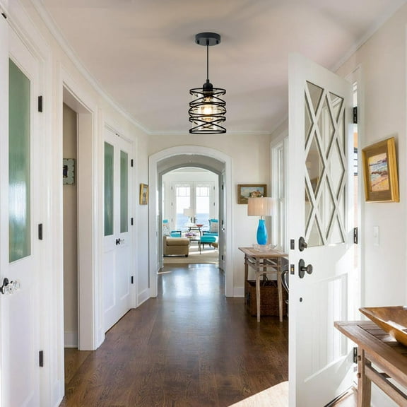 1-Pack Pendant Light Fixtures 6.3Inch Black Spiral Kitchen Island Light Modern Metal Cage Handblown Seeded Glass Ceiling Hanging Light Adjustable Cord for Dining Room Foyer Hallway, E26