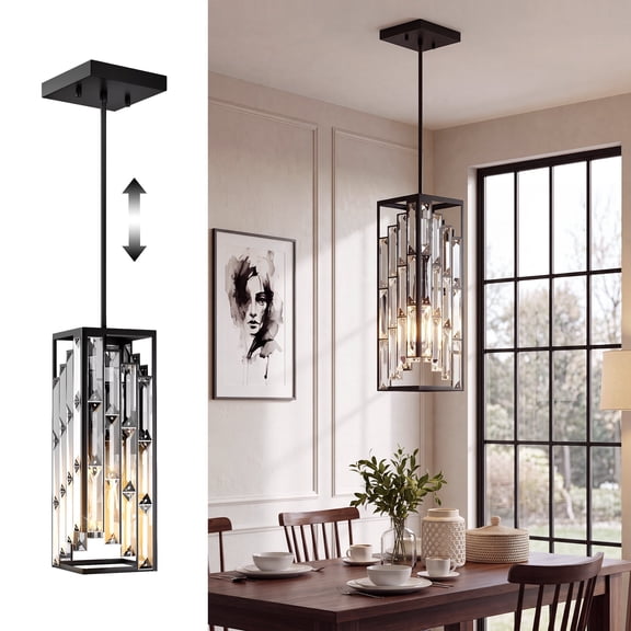1-Pack Pendant Lights for Kitchen Island, Black Mini Crystal Chandelier, Modern Hanging Pendant Lighting Fixture, E26 Base