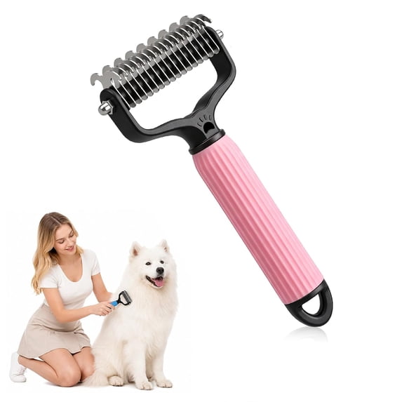 1 Pack Pet Grooming Brush, Double Sided Undercoat Rake & Dematting Comb for Dogs and Cats, Detangling Tool for Matted Fur, Ideal for Medium or Long Haired Breeds,Pink-11 Tooth