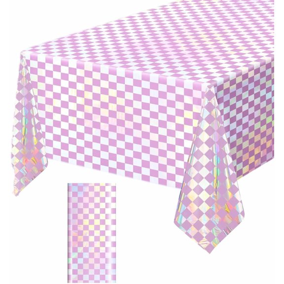 1 Pack Pink and Iridescent Checkered Tablecloth Shiny Disposable Holographic Foil Table Cloth Plastic Laser Rectangle Table Cover for Picnic Birthday Party Race Car Tablecloth