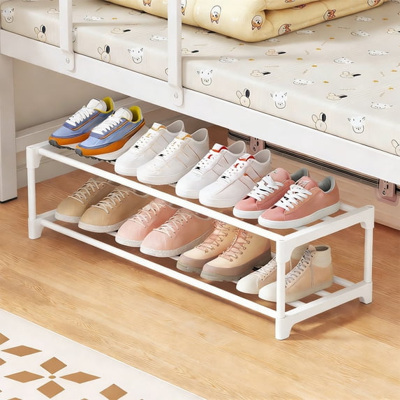 1‑Pack Plastic 2 Tier Under‑Bed Shoe Rack, Space‑Saving Shoe Storage Organizer, Ventilated Shoe Shelf for Bedroom Closet Entryway Dorm Garage, White, S