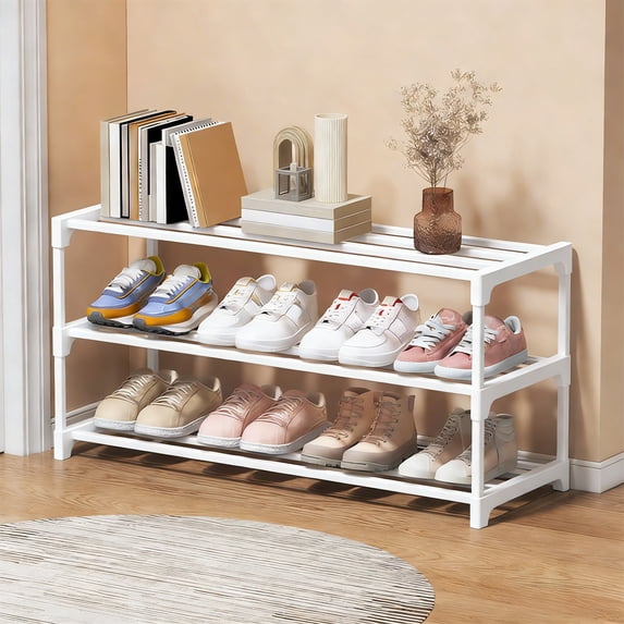 1‑Pack Plastic 3 Tier Under‑Bed Shoe Rack, Space‑Saving Shoe Storage Organizer, Ventilated Shoe Shelf for Bedroom Closet Entryway Dorm Garage, White, L