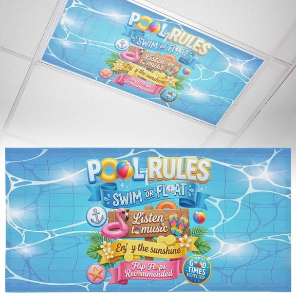 1 Pack Pool Rules Fluorescent Light Covers for Ceiling Lights Swim Ring Ball Slippers Floral Blue Swimming Pool Magnetic Ceiling Light Covers Overhead Light Filters for Office Classroom Home