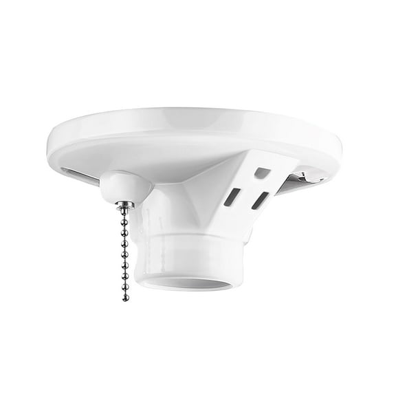 1 Pack Porcelain Light Socket with Outlet and Pull Chain Light Fixture, Bulb Socket with Grounded Outlet, E27/e26 Base, Porcelain Box Mount for Indoor Garage Closet Lighting