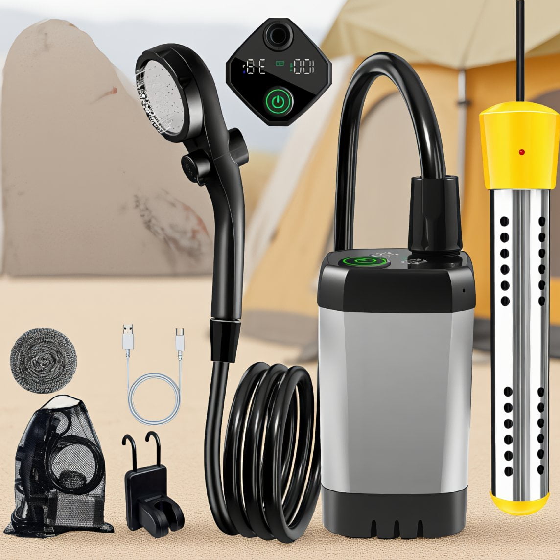 1-Pack Portable Camping Shower with 2000W Heater, 4 Spray Modes, LED Display, Type-C Charging, 140-Min Runtime