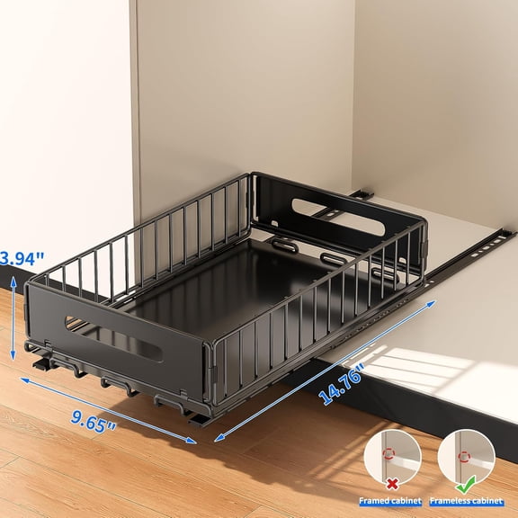 1 Pack Pull Out Cabinet Organizer, Slide Out drawers for cabinets, Heavy Duty Carbon Steel Roll Out Shelves for kitchen, bathroom, under sink, pantry (14.7-23.1 Slide, Adhesive & Screw)