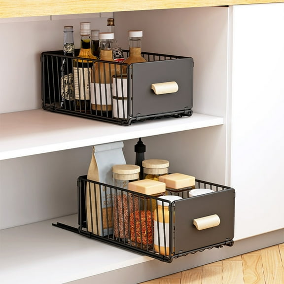 1 Pack Pull Out Cabinet Organizer, Dingrich Foldable Drawer Kitchen with Adhesive Tape, Slide Out Cabinet Organiser for Kitchen, Bathroom, Living Room (Black, 9.45"W x15.75"D x 6.69"H)