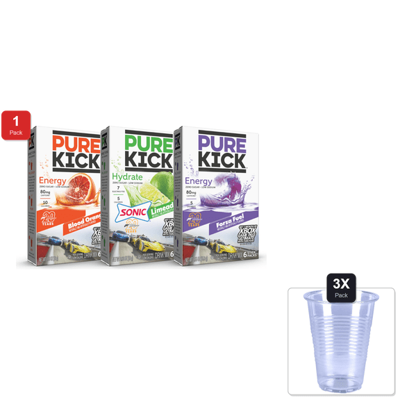 1 Pack | Pure Kick Forza Fuel Energy, Blood Orange Energy & Sonic Limeade Hydration Singles To Go Drink Mix – 3 / 6Ct Boxes - 18 Total Packets & 3x 9oz Disposable Plastic Cups