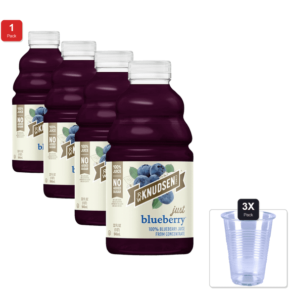 1 Pack | R.W. Knudsen Just Blueberry Juice, 32 Fl Oz (Pack Of 4) & 3x Disposable Cup