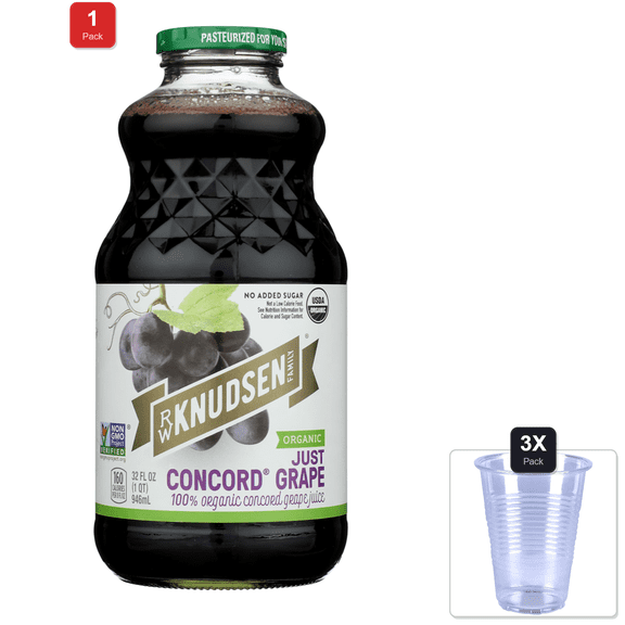 1 Pack | R.W. Knudsen Organic Just Concord Grape Juice, 32 Fz & 3x Disposable Cup
