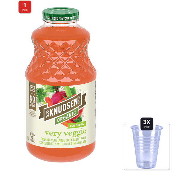 1 Pack | R.W. Knudsen Organic Very Veggie Low Sodium Vegetable Juice Blend, 32 Ounces & 3x Disposable Cup