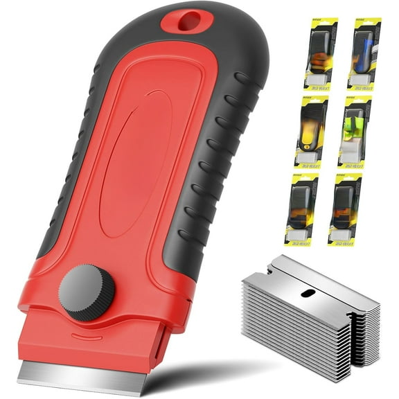 1 Pack Razor Blade Scraper with 10 Extra Blades, Scraper Tool for Cleaning Window, Paint, Cooktop, Oven, Glass Stove Top Scraper, Razor Scraper with Buit-In Blade Storage