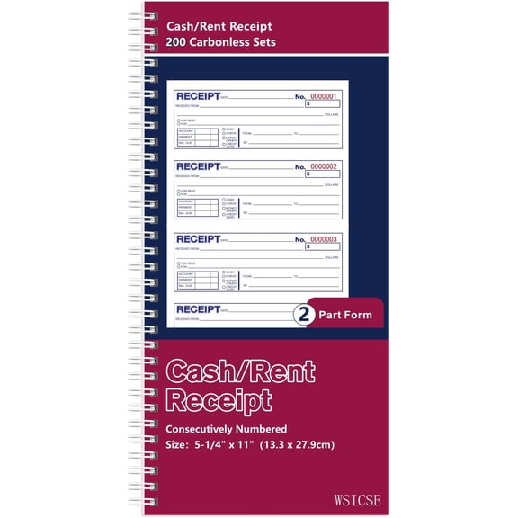 1 Pack Receipt Books with Carbon Copies, Rent Receipt Book, 2-Part Carbonless, 5.24" x 11 Spiral Bound, (White and Yellow), 200 Sets Per Book