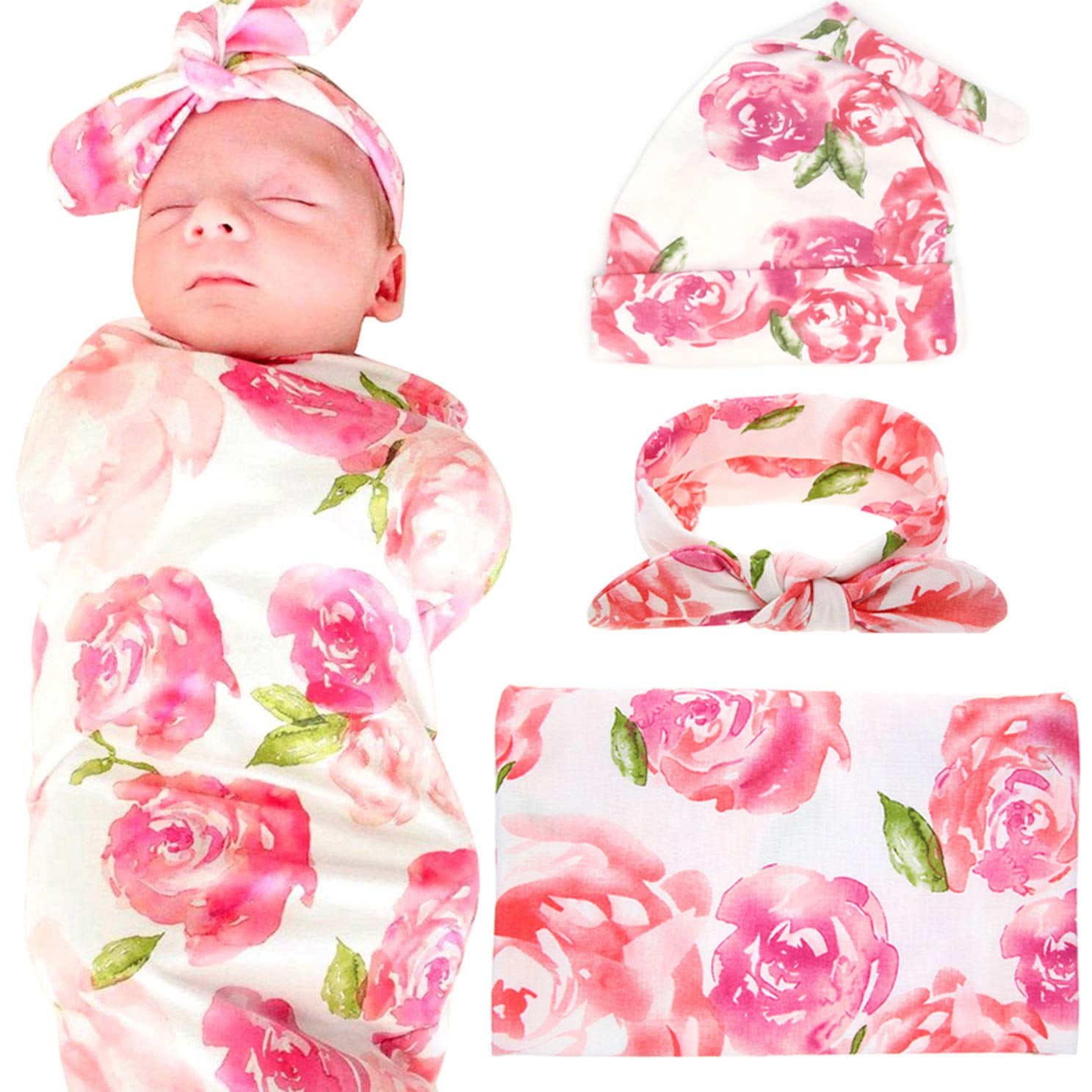 AMGRA 1 Pack Receiving Blanket with Headbands, Newborn Baby Floral Printed Baby Shower Swaddle Gift