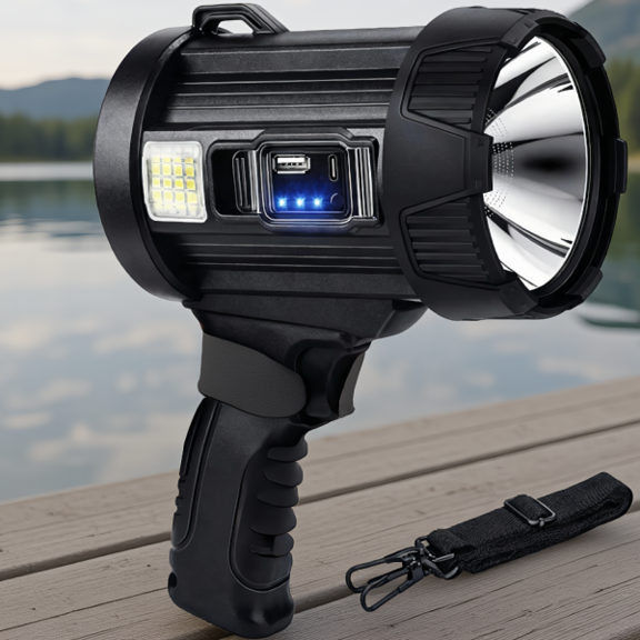 1-Pack Rechargeable LED Spotlight Handheld Flashlight with Solar Panel and COB Work Light, Waterproof, for Camping Boating