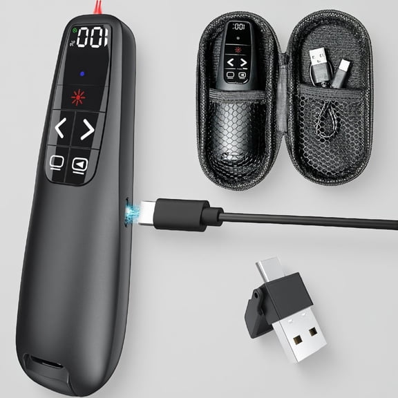 1-Pack Rechargeable Wireless Presentation Clicker with Case, LED Display, USB-C, Light Pointer, 98FT Range