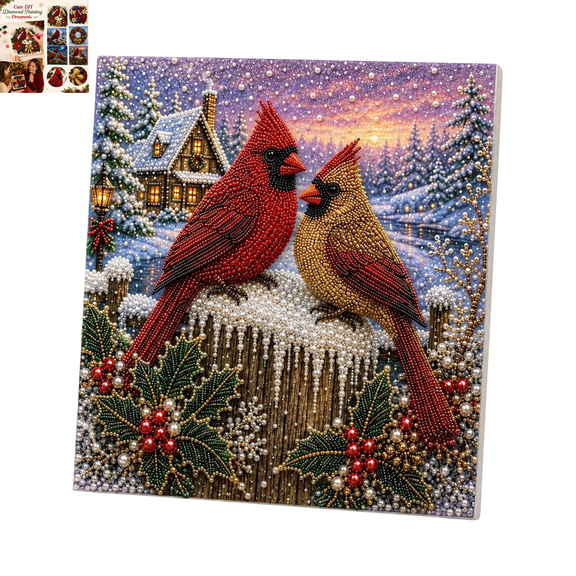 Red Cardinals Christmas Pearl Art Kit with Frame, Sparkling Pearl Bead DIY Craft Supplies, Handmade Art Project for Adult Beginners, Farmhouse Indoor Wall Decor & Holiday Gift 1pc B